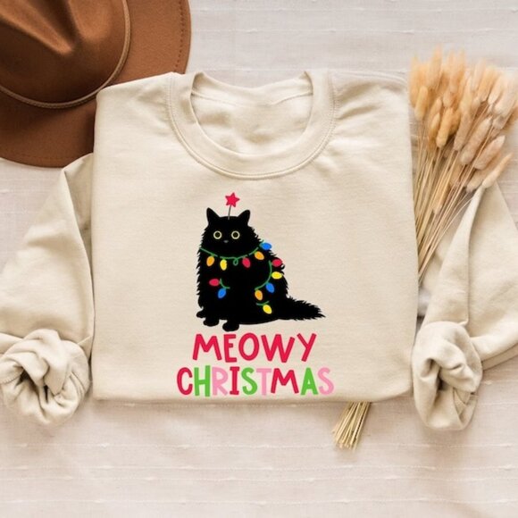 Meowy Christmas Sweatshirt Cat Christmas Sweatshirt Cat Lover Xmas Sweatshirt 90 - Picture 1 of 5
